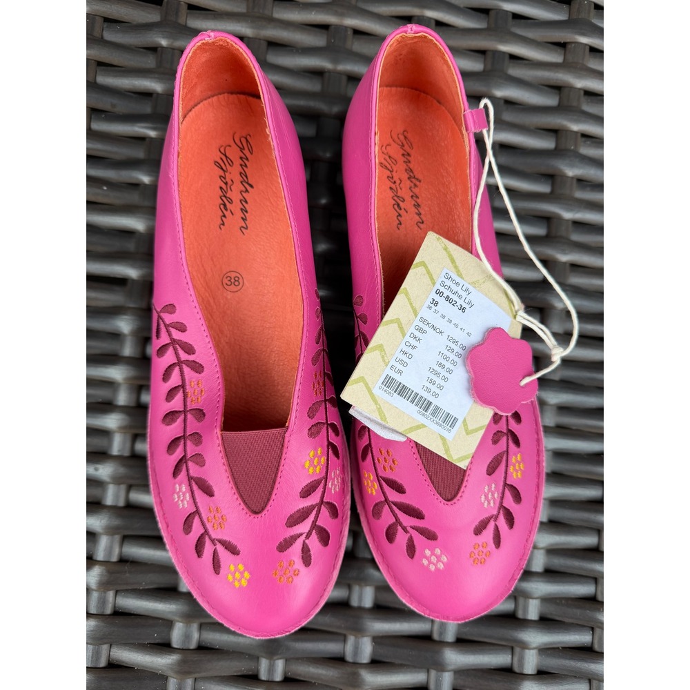 Gudrun Sjoden Lily Pink Leather Embroidered Floral Flat Shoes NWT UK 38/US 7.5 - Picture 2 of 10